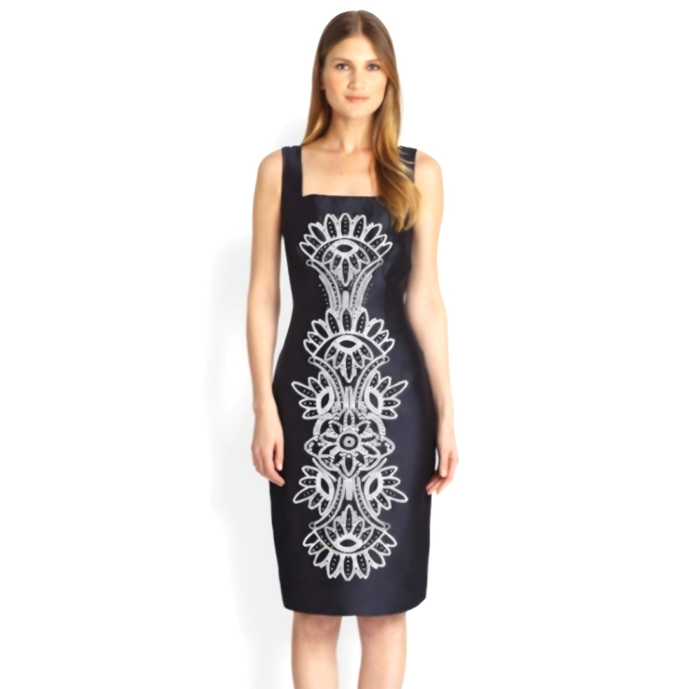 Tory Burch | 100% Silk Navy Sleeveless Embroidered Square Neckline Dress…